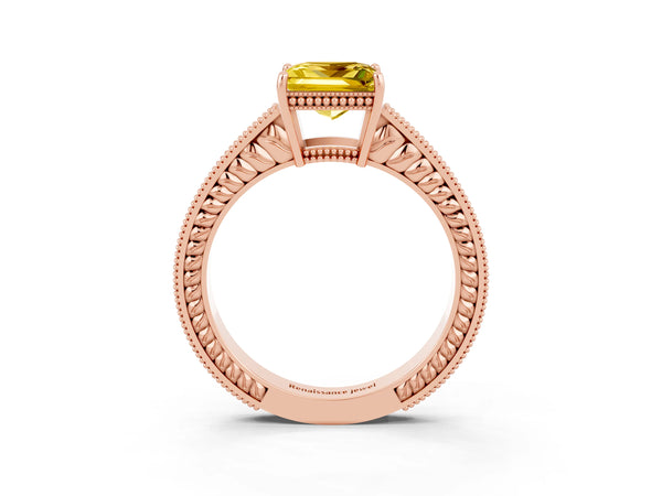 Rose gold Princess Cut Yellow Sapphire Ring with Milgrain Pavé Band and Four-Prong Setting