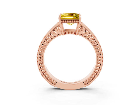 Rose gold Princess Cut Yellow Sapphire Ring with Milgrain Pavé Band and Four-Prong Setting_39