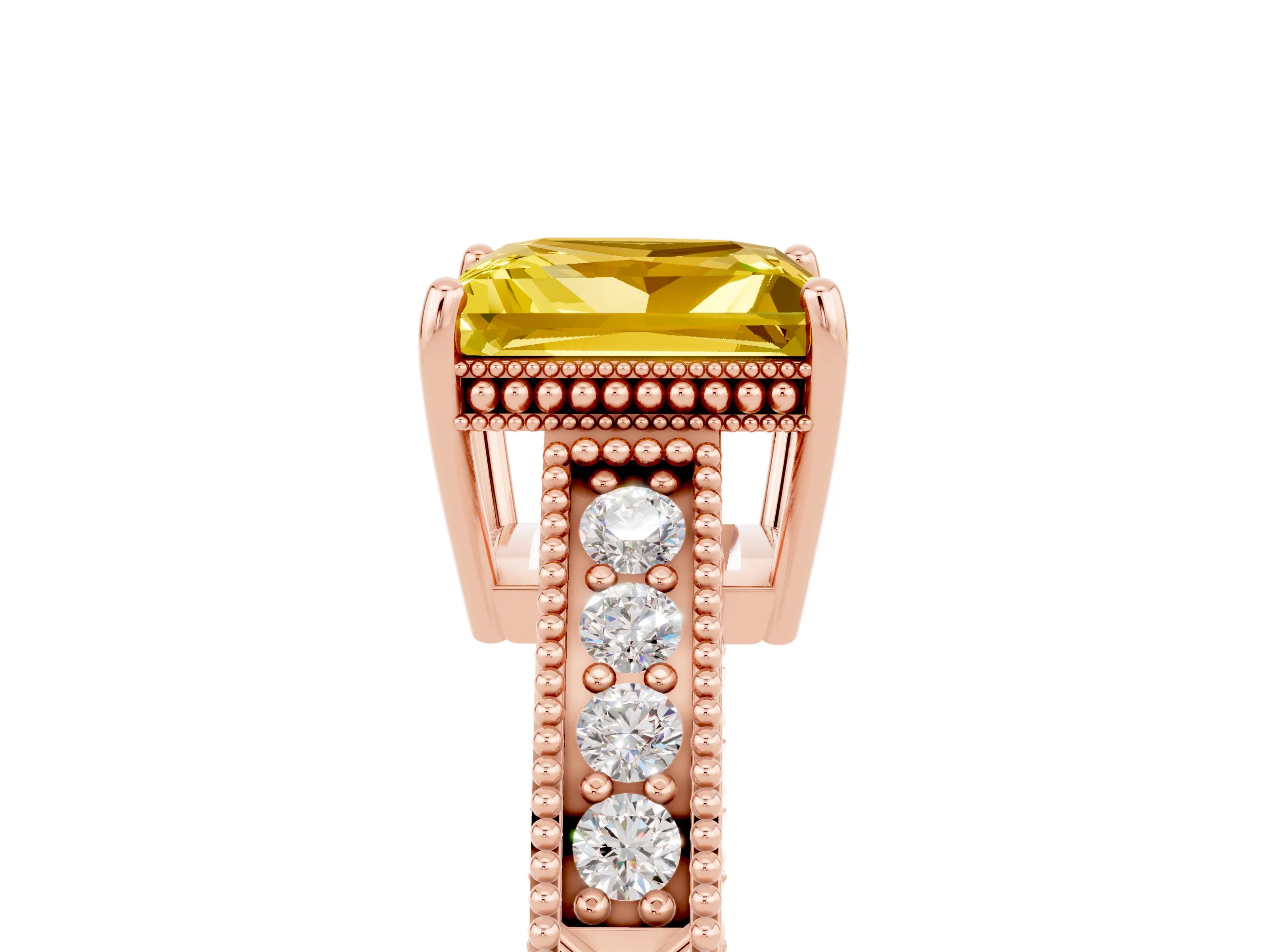 Rose gold Princess Cut Yellow Sapphire Ring with Milgrain Pavé Band and Four-Prong Setting_41