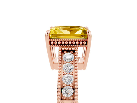 Rose gold Princess Cut Yellow Sapphire Ring with Milgrain Pavé Band and Four-Prong Setting_41