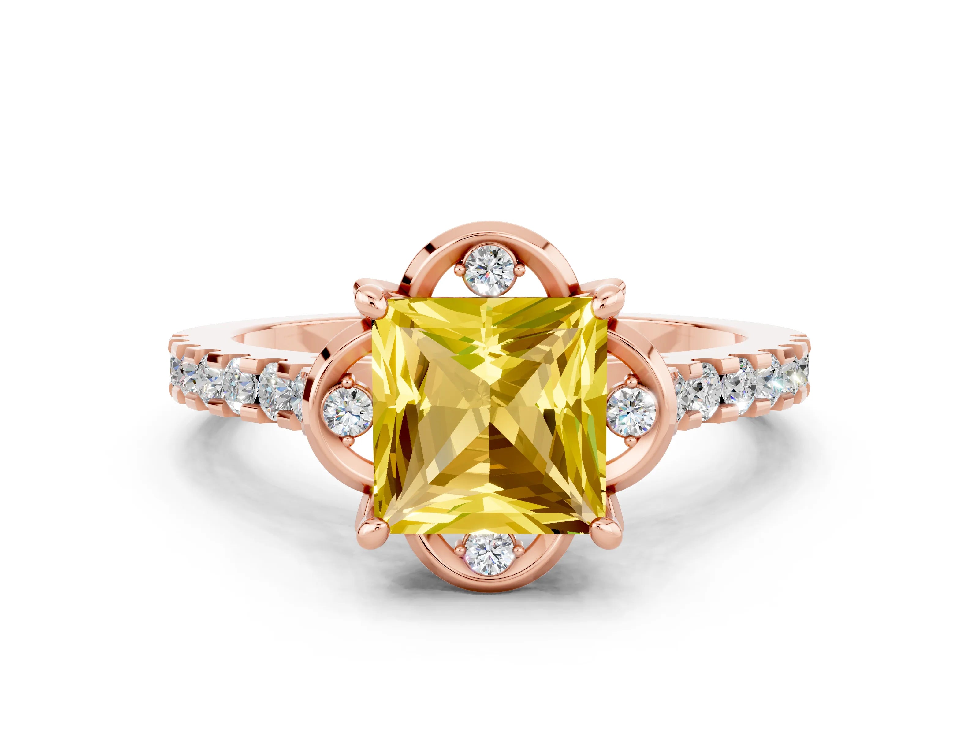 Rose gold Princess Cut Yellow Sapphire Ring with Pavé Band and Floral Prong Setting