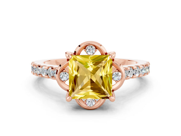 Rose gold Princess Cut Yellow Sapphire Ring with Pavé Band and Floral Prong Setting
