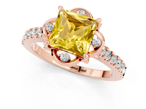 Rose gold Princess Cut Yellow Sapphire Ring with Pavé Band and Floral Prong Setting_1