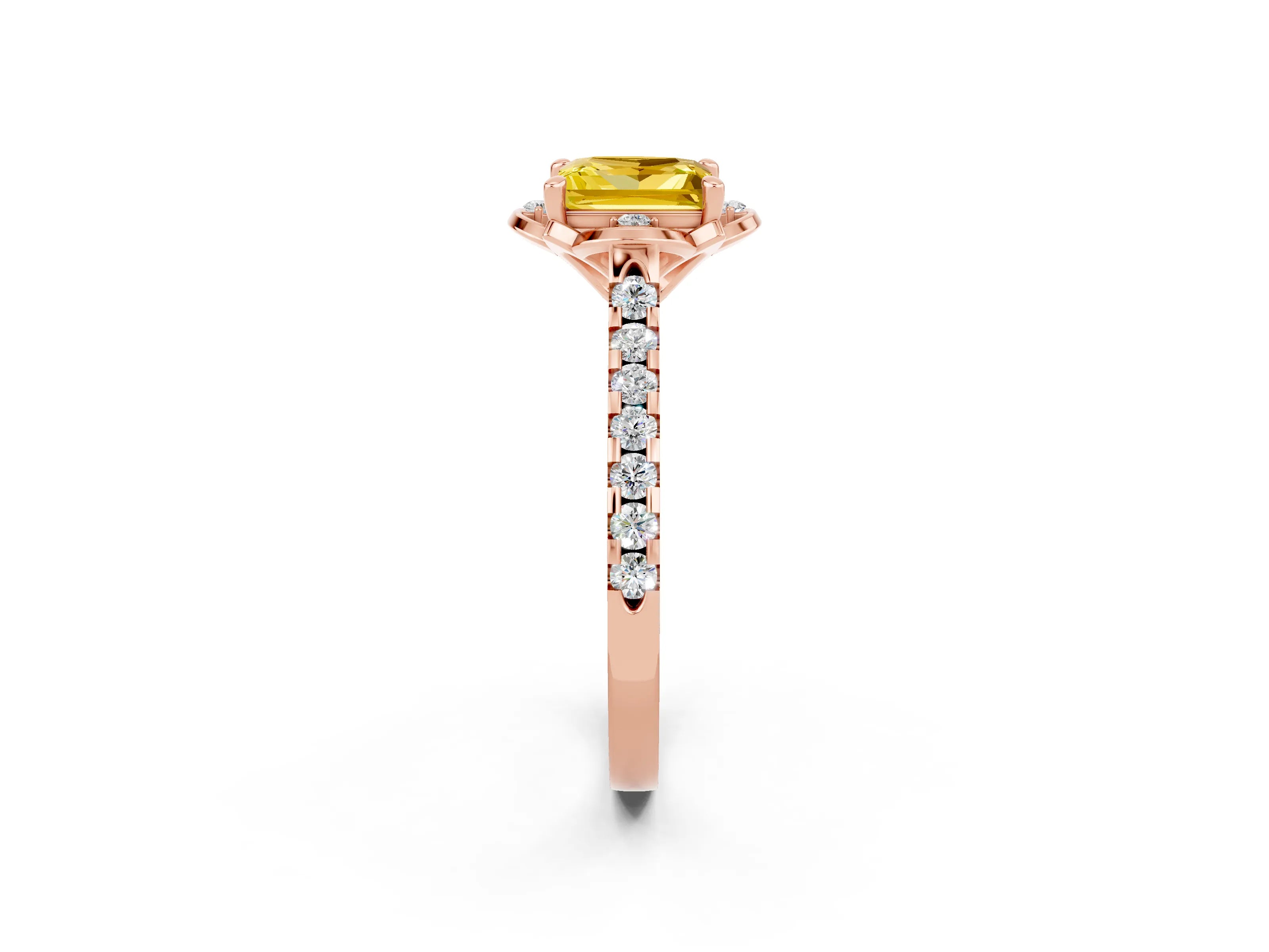 Rose gold Princess Cut Yellow Sapphire Ring with Pavé Band and Floral Prong Setting_2