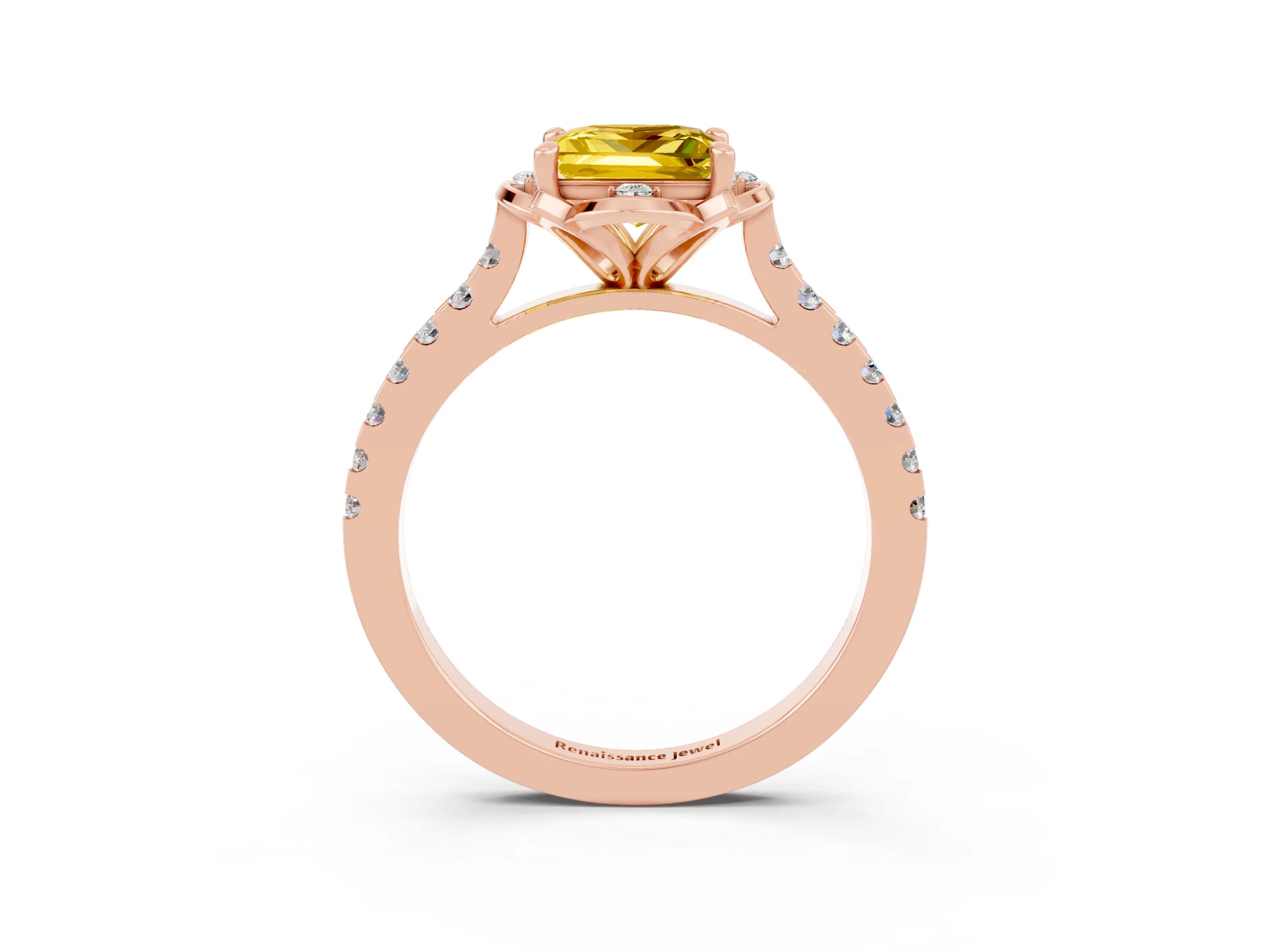 Rose gold Princess Cut Yellow Sapphire Ring with Pavé Band and Floral Prong Setting_3
