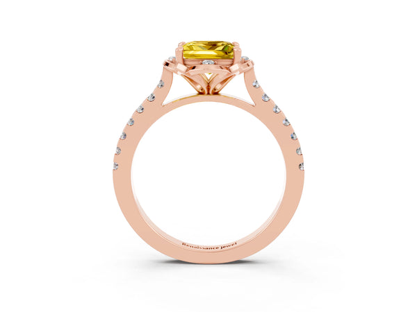 Rose gold Princess Cut Yellow Sapphire Ring with Pavé Band and Floral Prong Setting