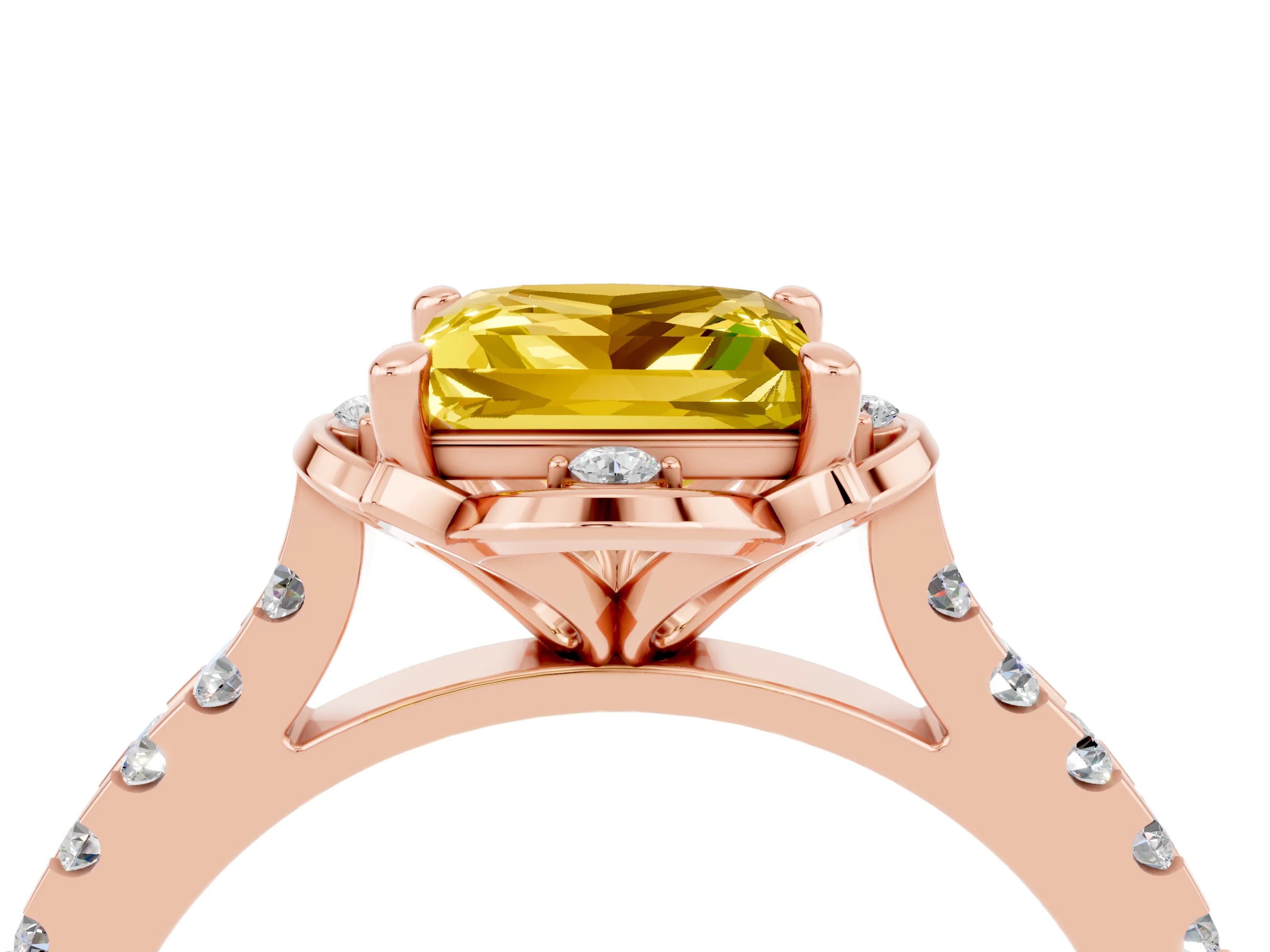Rose gold Princess Cut Yellow Sapphire Ring with Pavé Band and Floral Prong Setting_4