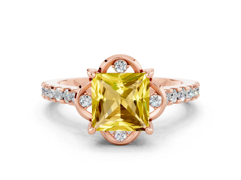 Rose gold Princess Cut Yellow Sapphire Ring with Pavé Band and Floral Prong Setting