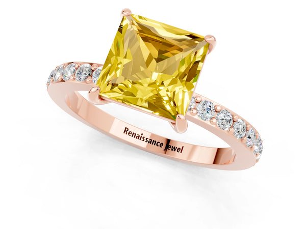 Rose gold Princess Cut Yellow Sapphire Pavé Engagement Ring with Round  Accents and Prong Setting