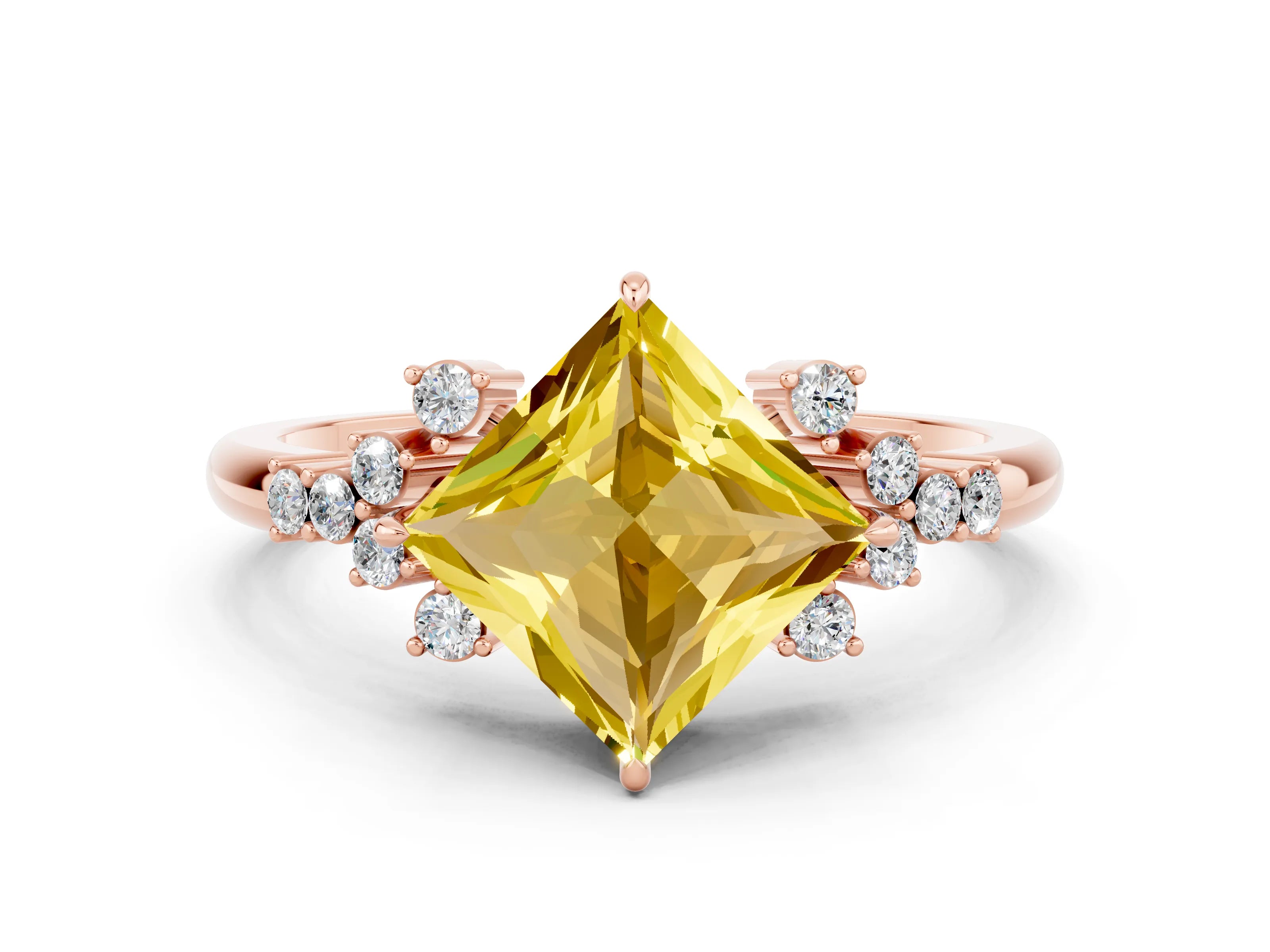 Rose gold Princess Cut Yellow Sapphire Ring with Side Stones and Four-Prong Setting_60