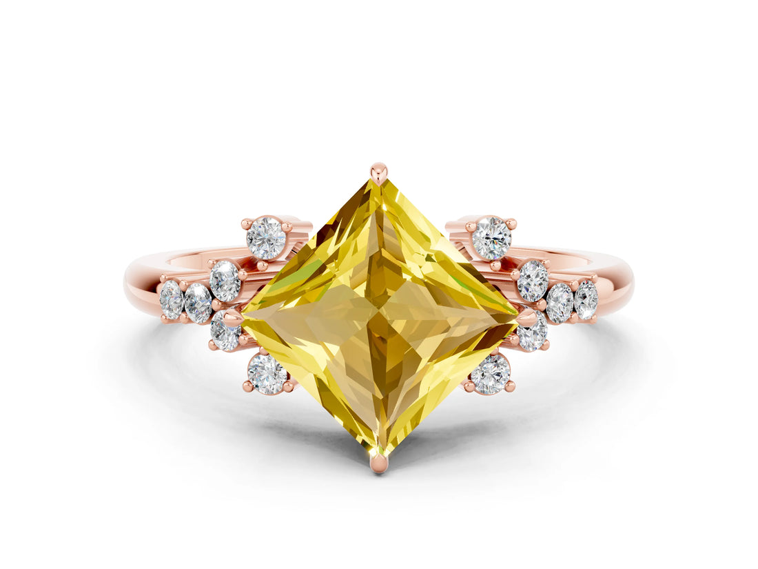 Rose gold Princess Cut Yellow Sapphire Ring with Side Stones and Four-Prong Setting_60
