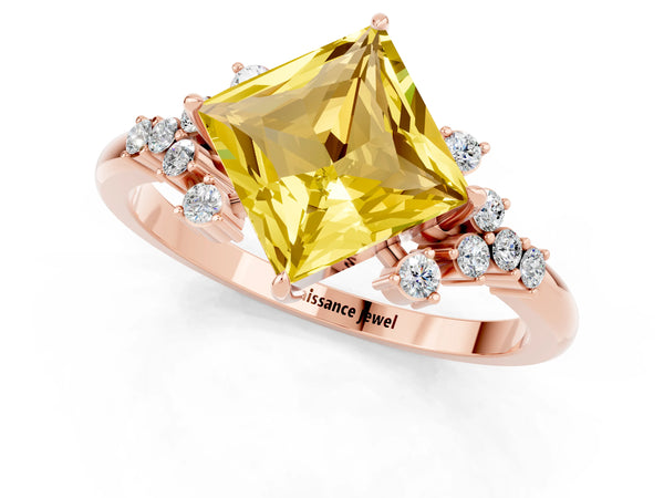 Rose gold Princess Cut Yellow Sapphire Ring with Side Stones and Four-Prong Setting
