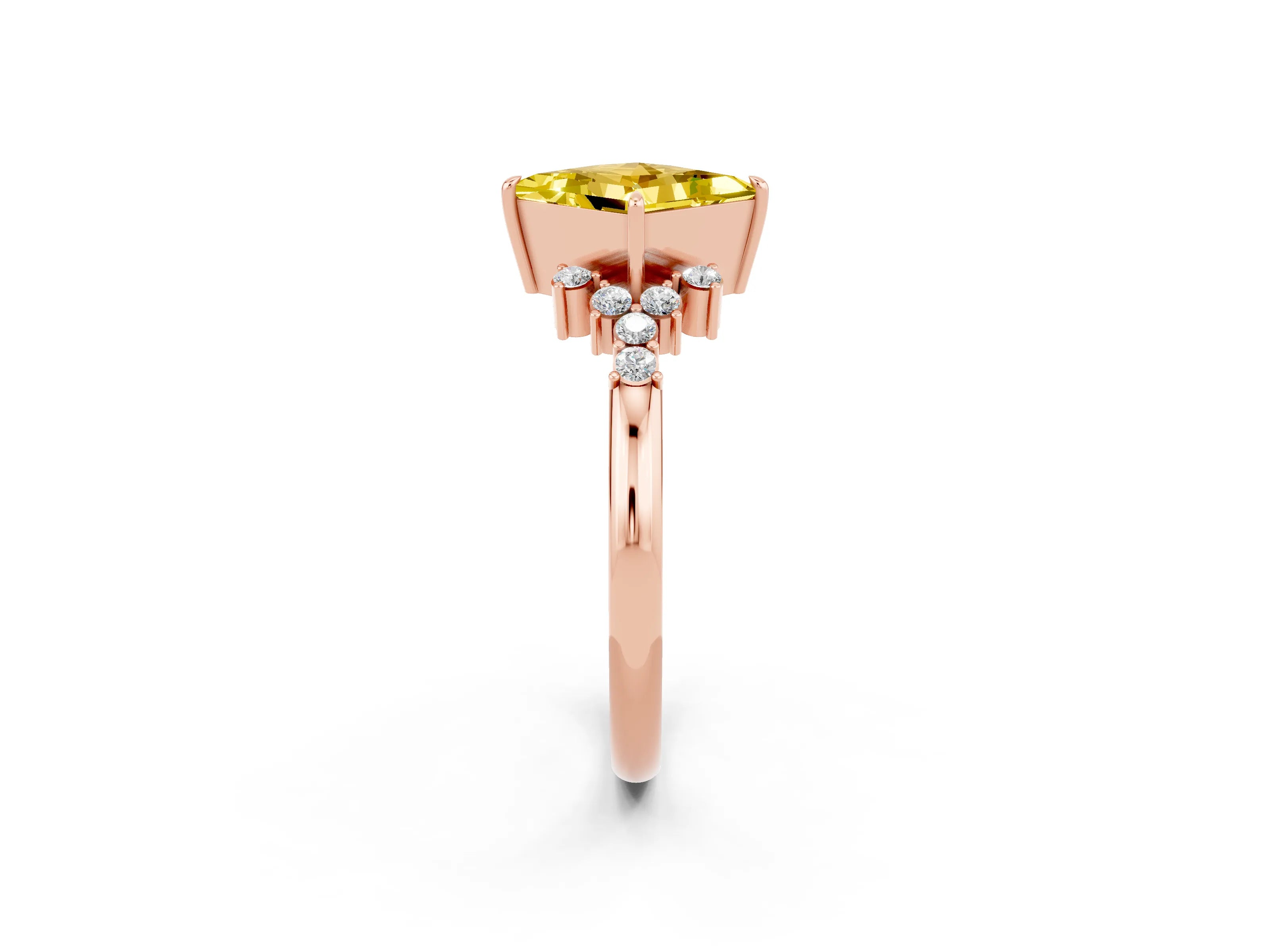 Rose gold Princess Cut Yellow Sapphire Ring with Side Stones and Four-Prong Setting_62