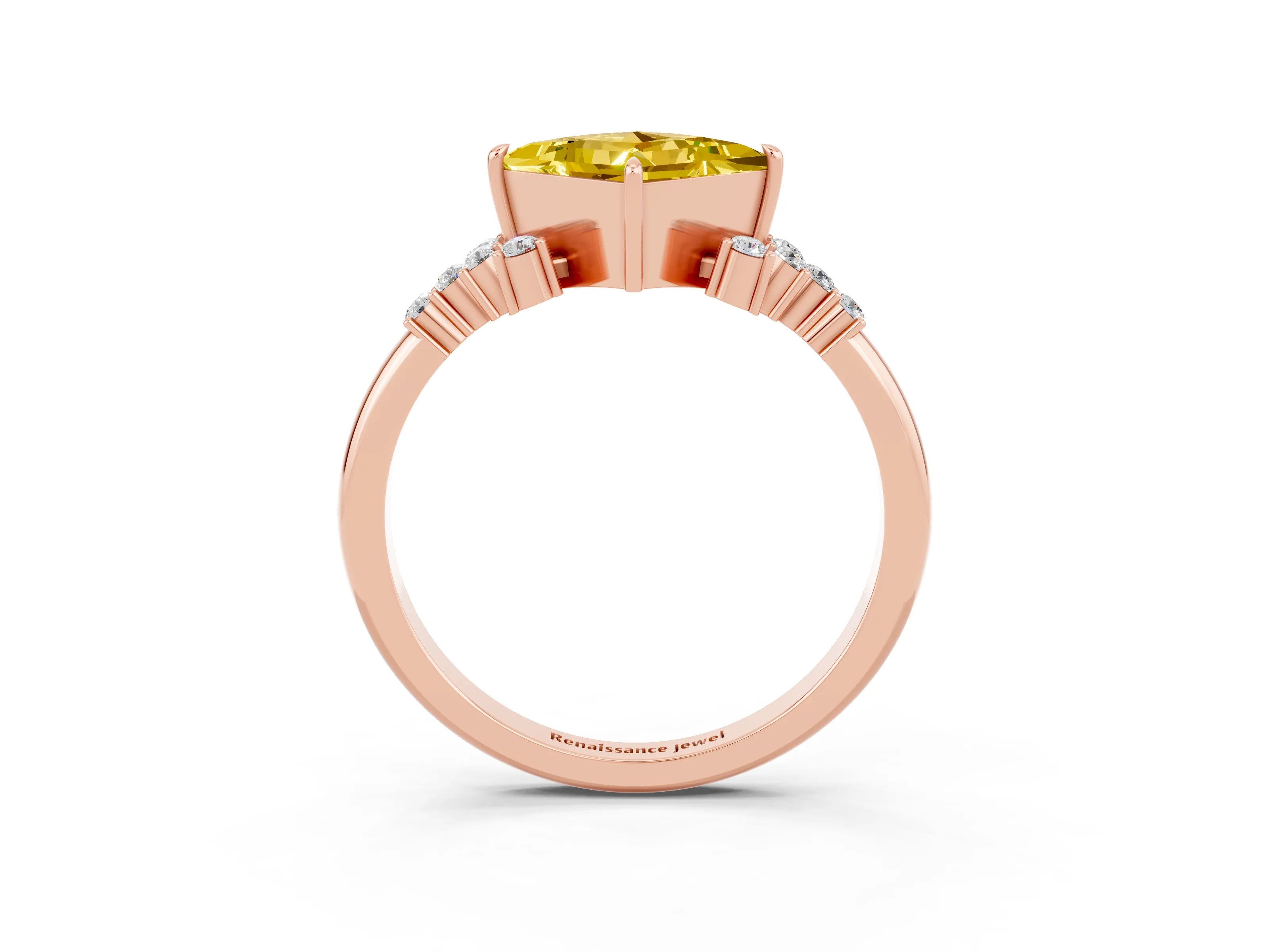 Rose gold Princess Cut Yellow Sapphire Ring with Side Stones and Four-Prong Setting_63