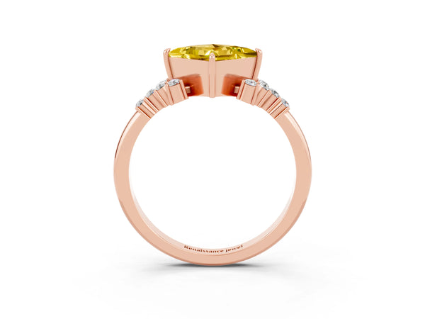 Rose gold Princess Cut Yellow Sapphire Ring with Side Stones and Four-Prong Setting