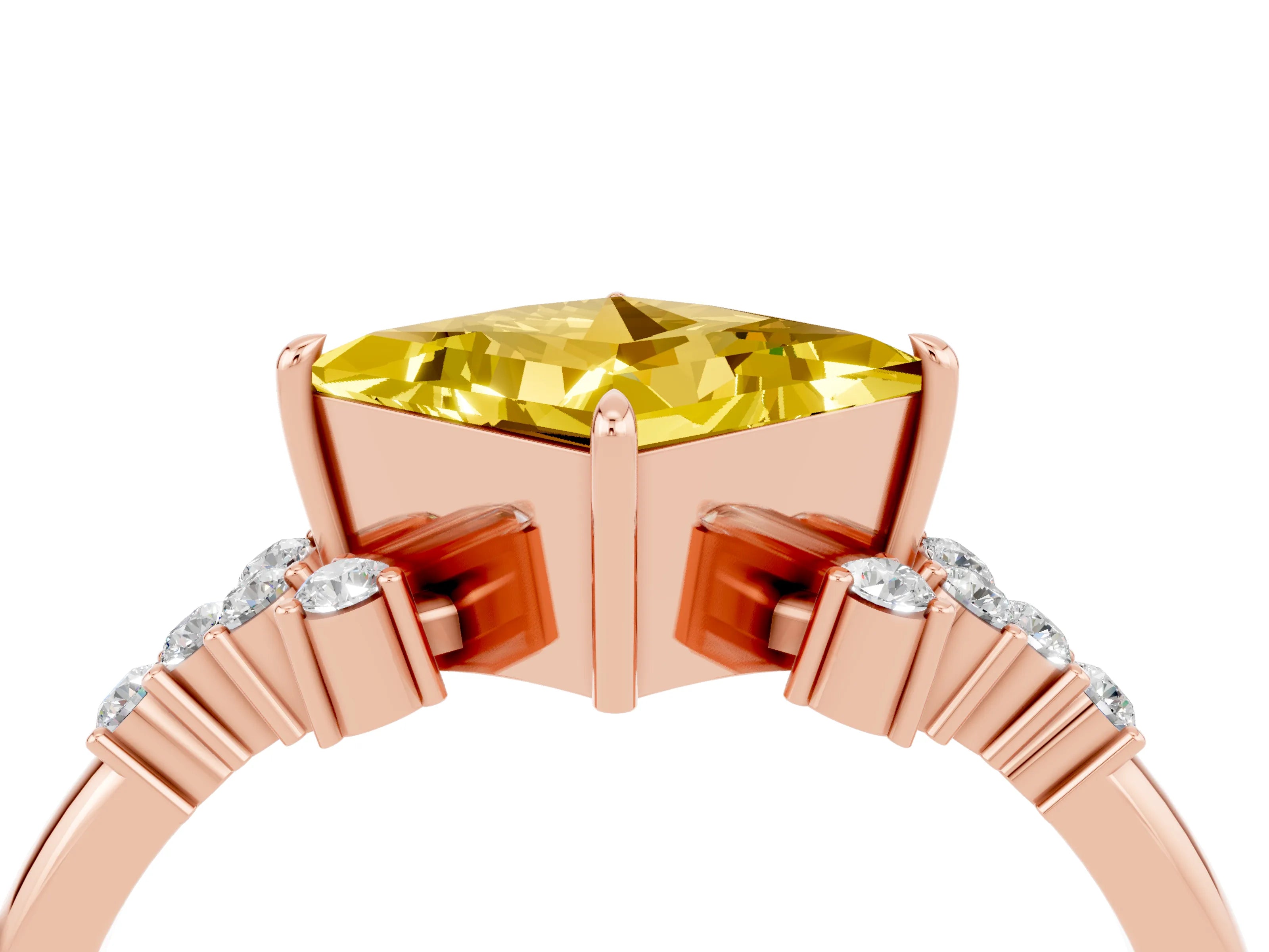 Rose gold Princess Cut Yellow Sapphire Ring with Side Stones and Four-Prong Setting_64