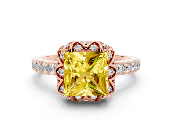 Rose gold Princess Cut Yellow Sapphire Scalloped Halo Engagement Ring with Round Shared Prong Band