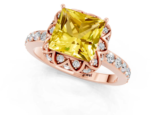 Rose gold Princess Cut Yellow Sapphire Scalloped Halo Engagement Ring with Round Shared Prong Band