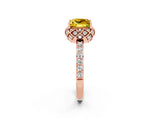 Rose gold Princess Cut Yellow Sapphire Scalloped Halo Engagement Ring with Round Shared Prong Band_14