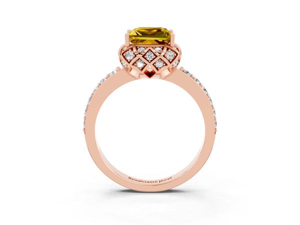 Rose gold Princess Cut Yellow Sapphire Scalloped Halo Engagement Ring with Round Shared Prong Band
