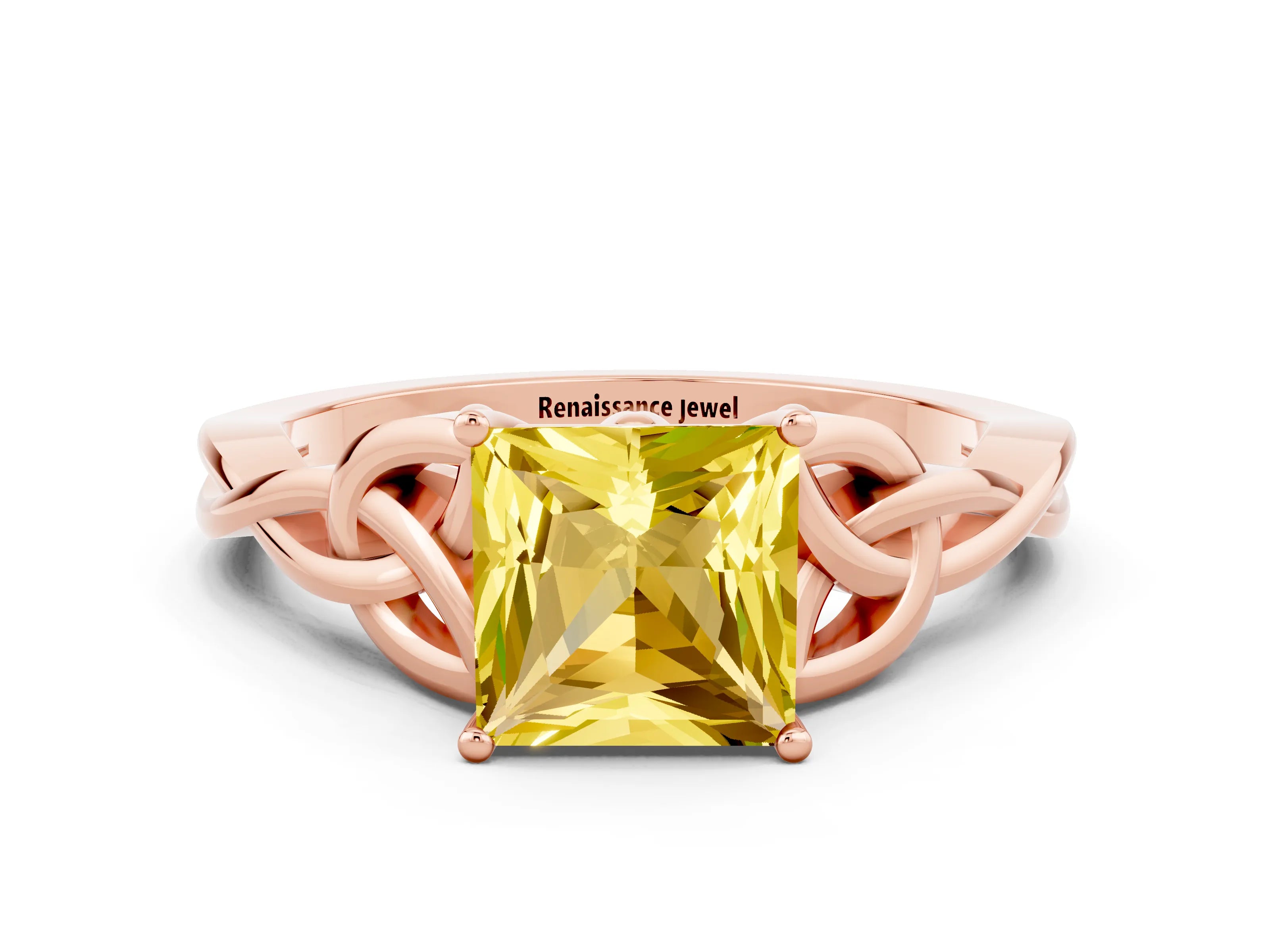 Rose gold Princess Cut Yellow Sapphire Solitaire Celtic Knot Ring with Four-Prong Setting_36