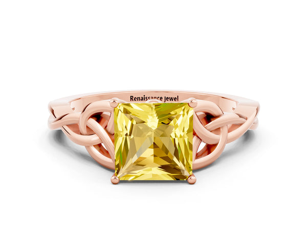 Rose gold Princess Cut Yellow Sapphire Solitaire Celtic Knot Ring with Four-Prong Setting