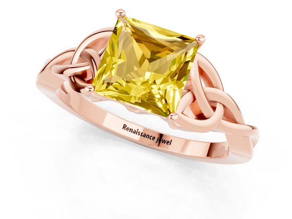 Rose gold Princess Cut Yellow Sapphire Solitaire Celtic Knot Ring with Four-Prong Setting