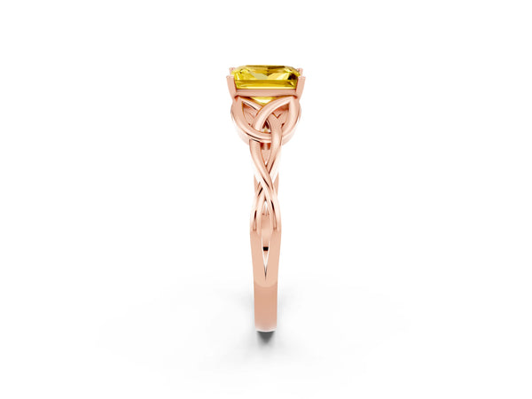 Rose gold Princess Cut Yellow Sapphire Solitaire Celtic Knot Ring with Four-Prong Setting