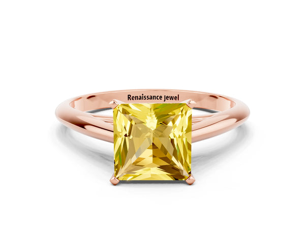 Rose gold Princess Cut Yellow Sapphire Solitaire Engagement Ring with Cathedral Setting and Four-Prong Mount