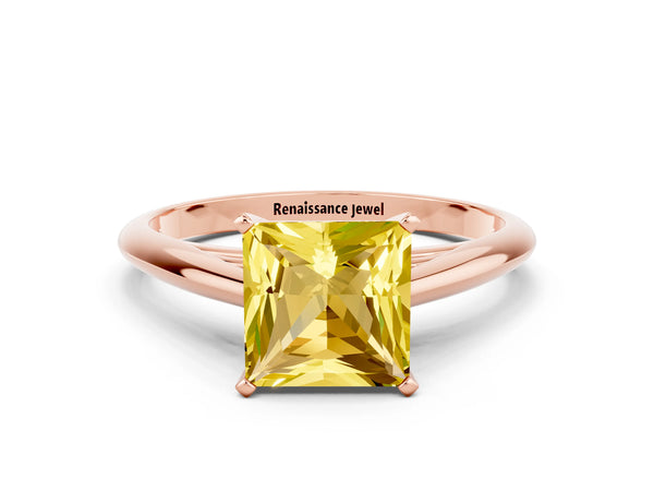 Rose gold Princess Cut Yellow Sapphire Solitaire Engagement Ring with Cathedral Setting and Four-Prong Mount