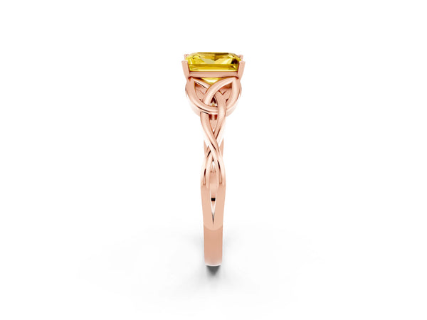 Rose gold Princess Cut Yellow Sapphire Solitaire Engagement Ring with Celtic Knot Band and Four-Prong Setting