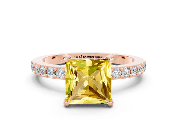 Rose gold Princess Cut Yellow Sapphire Solitaire Engagement Ring with Pavé Band and Four-Prong Setting