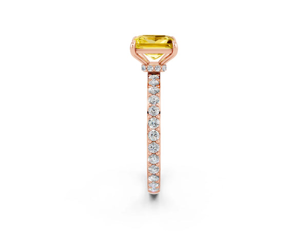 Rose gold Princess Cut Yellow Sapphire Solitaire Engagement Ring with Pavé Band and Four-Prong Setting