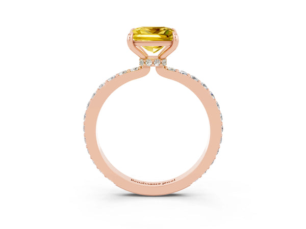 Rose gold Princess Cut Yellow Sapphire Solitaire Engagement Ring with Pavé Band and Four-Prong Setting