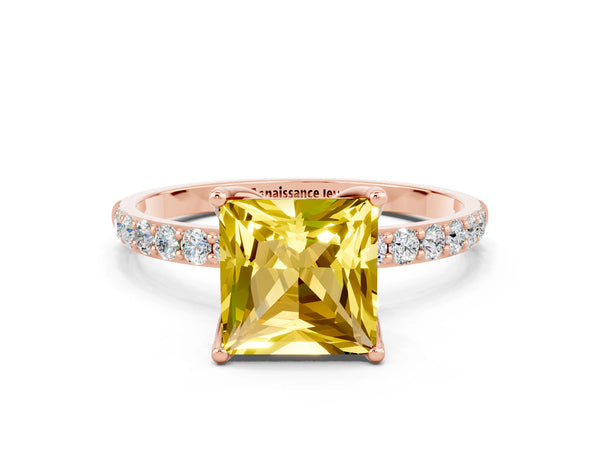 Rose gold Princess Cut Yellow Sapphire Solitaire Engagement Ring with Round  Pavé Band and Prong Setting