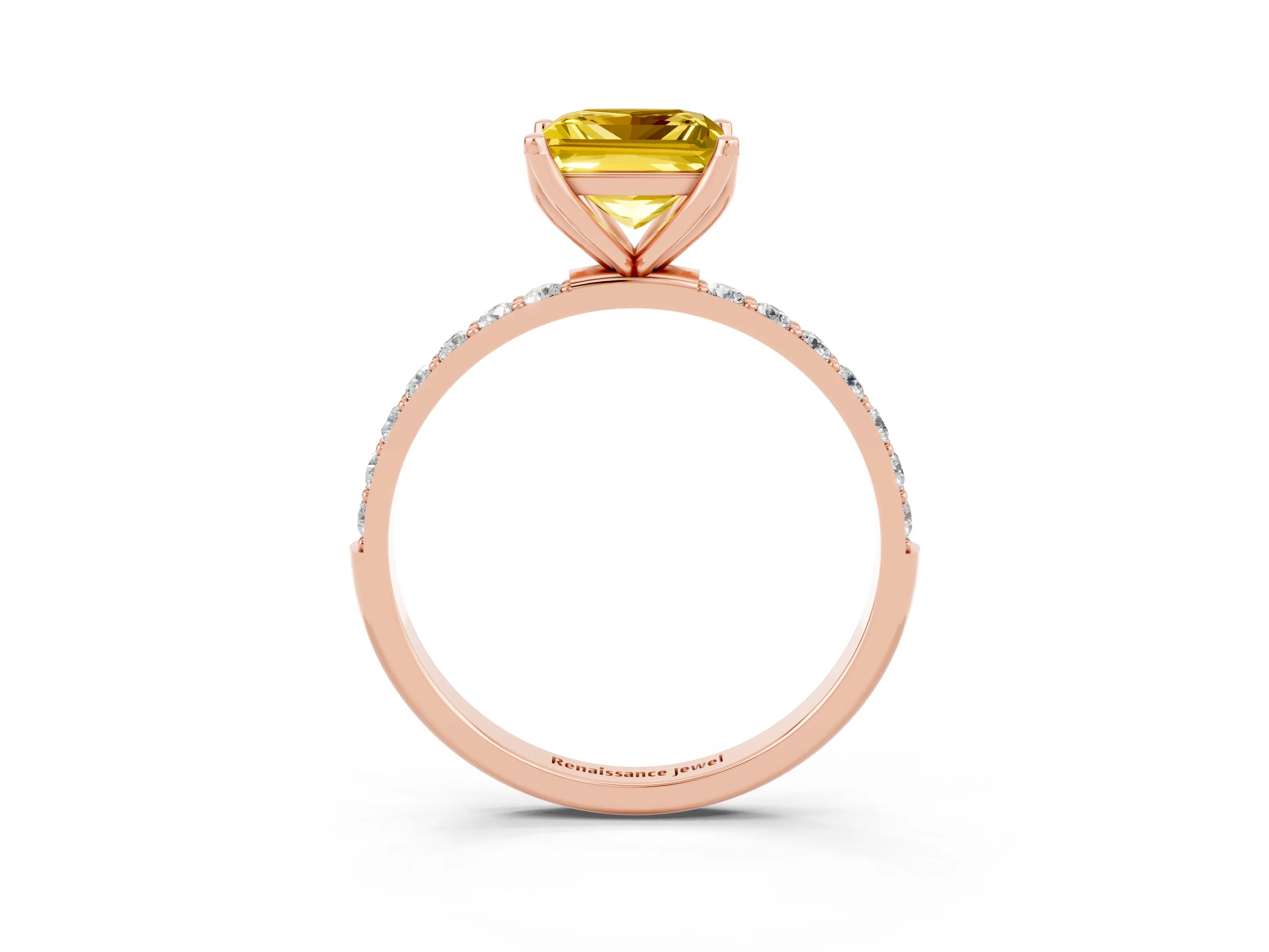 Rose gold Princess Cut Yellow Sapphire Solitaire Engagement Ring with Pavé Band and Prong Setting_3