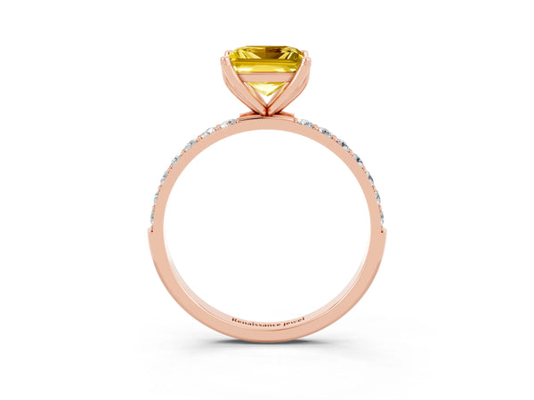 Rose gold Princess Cut Yellow Sapphire Solitaire Engagement Ring with Round  Pavé Band and Prong Setting