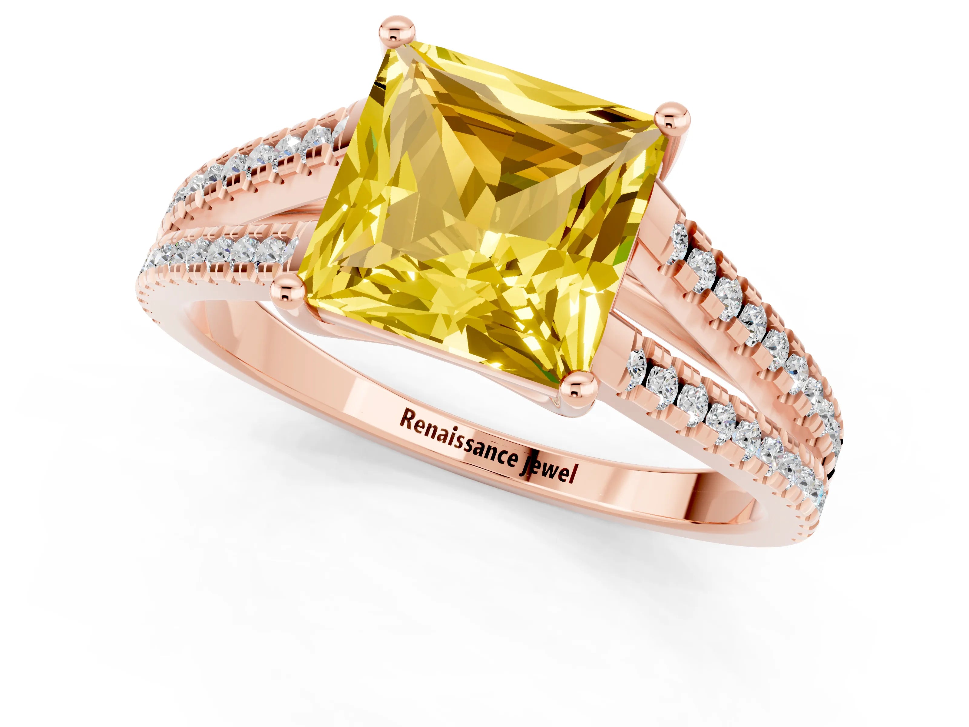 Rose gold Princess Cut Yellow Sapphire Solitaire Engagement Ring with Split Shank Pavé Band_13