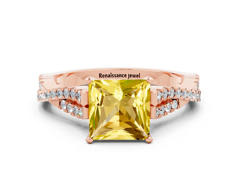 Rose gold Princess Cut Yellow Sapphire Solitaire Engagement Ring with Twisted Pavé Band and Four-Prong Setting_24