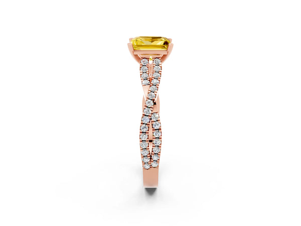 Rose gold Princess Cut Yellow Sapphire Solitaire Engagement Ring with Twisted Pavé Band and Four-Prong Setting