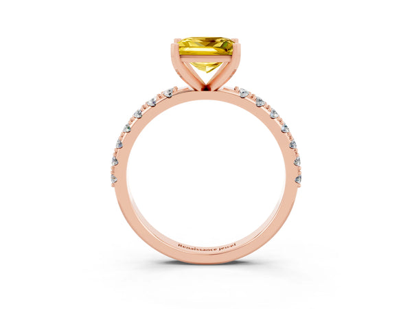 Rose gold Princess Cut Yellow Sapphire Solitaire Pavé Band with Four-Prong Setting