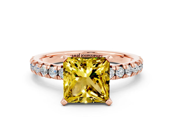 Rose gold Princess Cut Yellow Sapphire Solitaire Pavé Engagement Ring with Round Band and Prong Setting