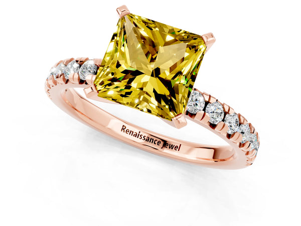 Rose gold Princess Cut Yellow Sapphire Solitaire Pavé Engagement Ring with Round Band and Prong Setting