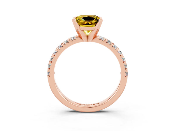 Rose gold Princess Cut Yellow Sapphire Solitaire Pavé Engagement Ring with Round Band and Prong Setting