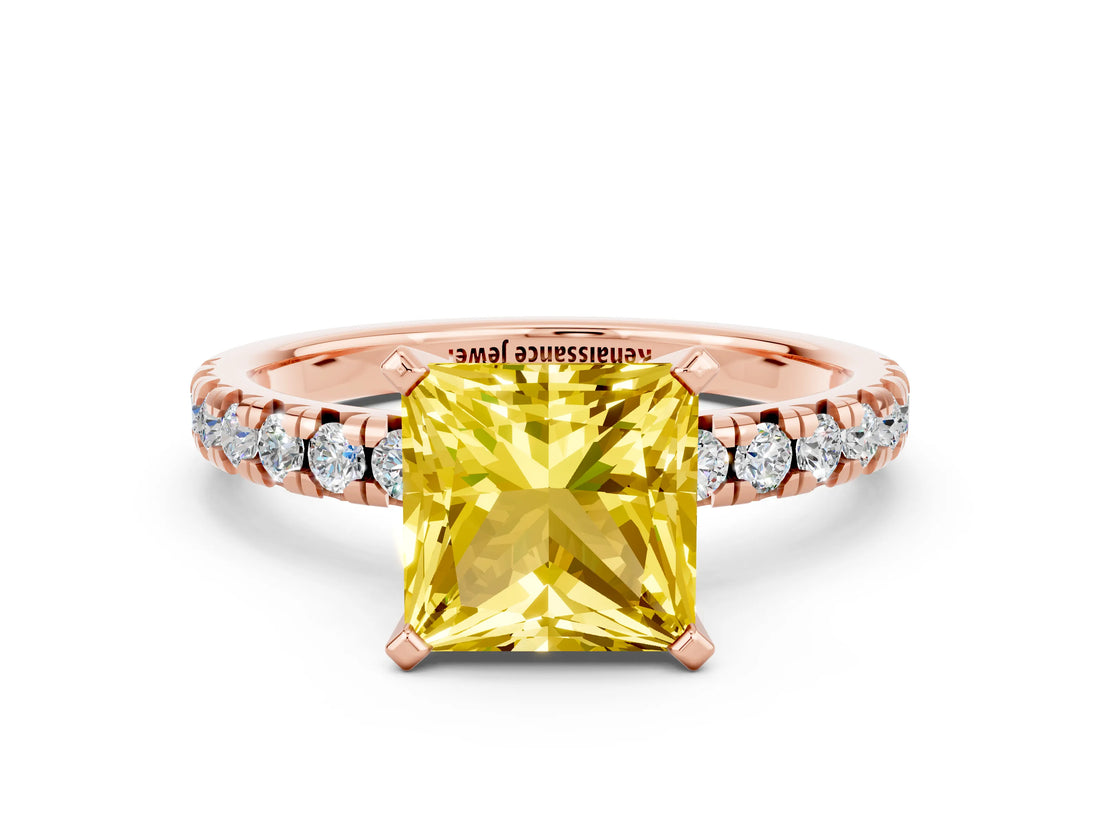 Rose gold Princess Cut Yellow Sapphire Solitaire Pavé Engagement Ring with Round Band and Prong Setting_72