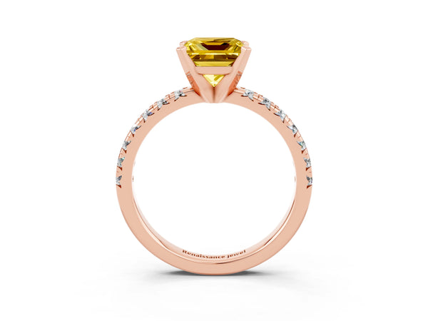 Rose gold Princess Cut Yellow Sapphire Solitaire Pavé Engagement Ring with Round Band and Prong Setting