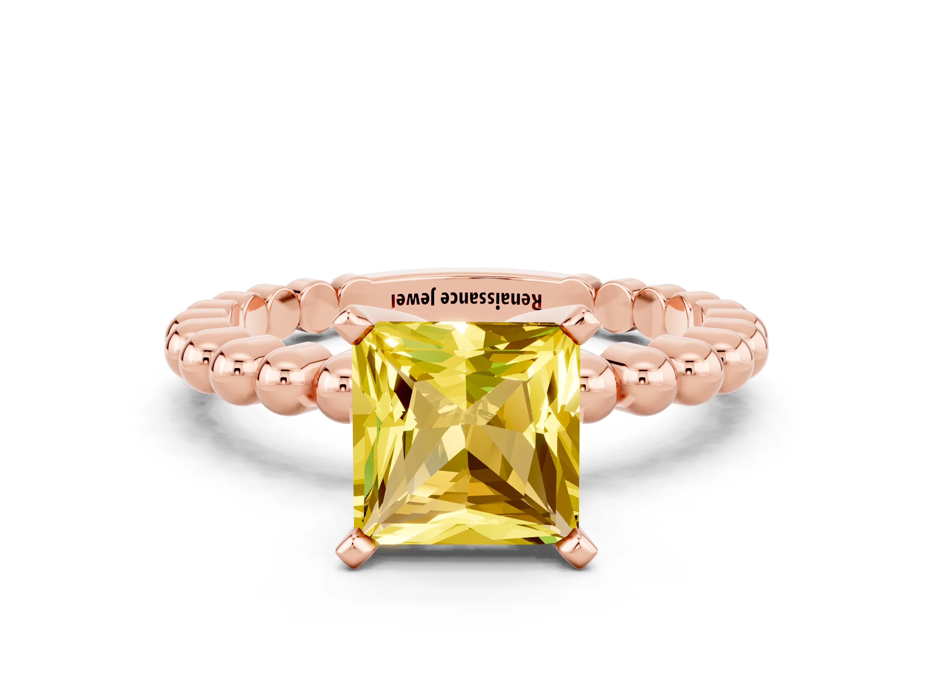Rose gold Princess Cut Yellow Sapphire Solitaire Ring with Beaded Band and Prong Setting