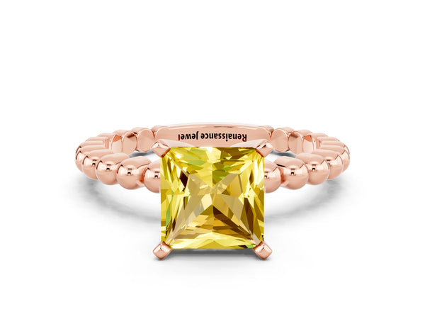 Rose gold Princess Cut Yellow Sapphire Solitaire Ring with Beaded Band and Prong Setting