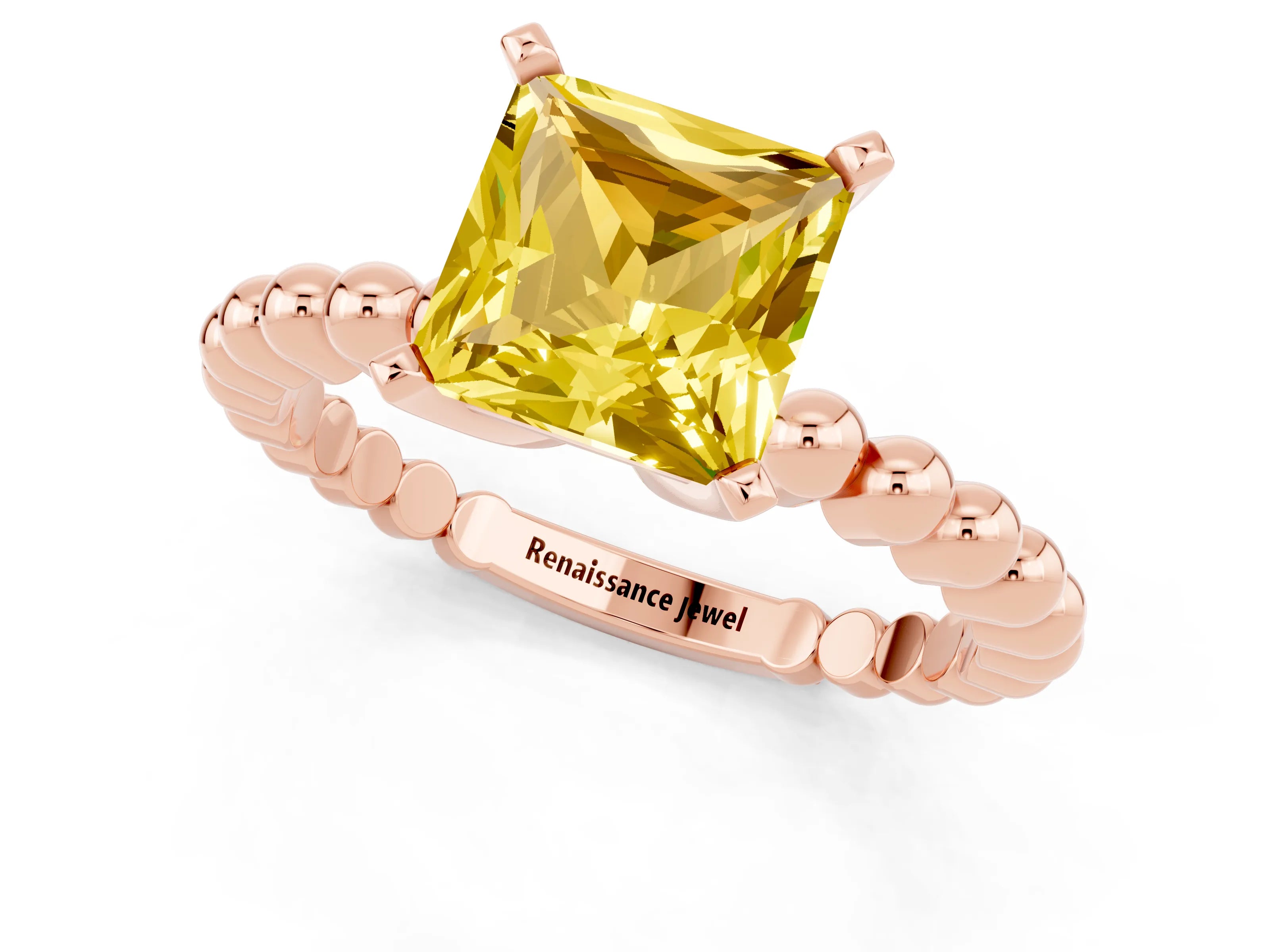 Rose gold Princess Cut Yellow Sapphire Solitaire Ring with Beaded Band and Prong Setting_1