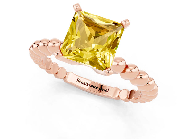 Rose gold Princess Cut Yellow Sapphire Solitaire Ring with Beaded Band and Prong Setting
